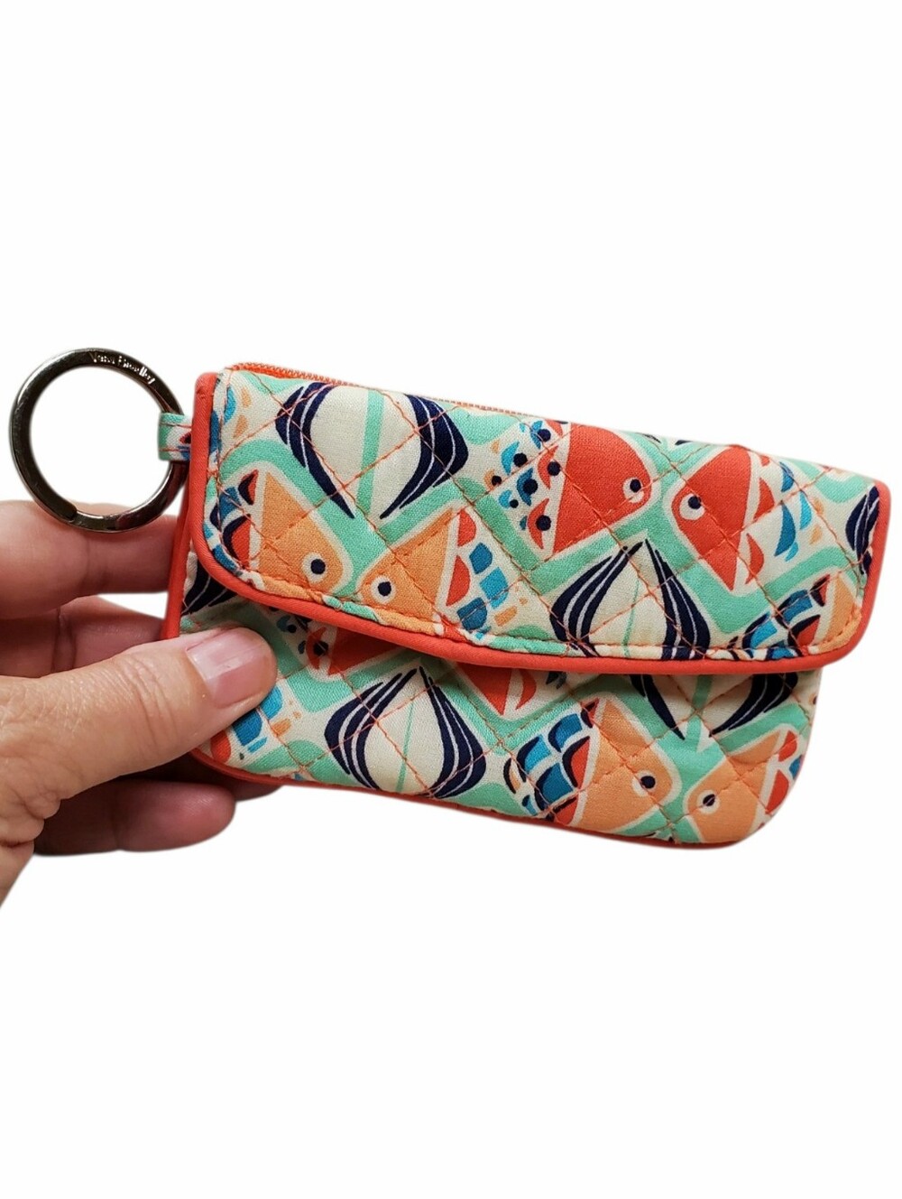 Vera Bradley Quilted Fish Key & Card Pouch in Coral, Teal & Navy